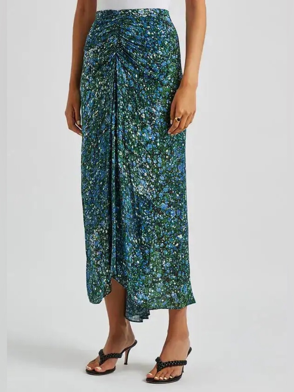 Veronica Beard Limani Marble Midi Skirt Asymmetric Hi-Lo Hem, Ruched Detail